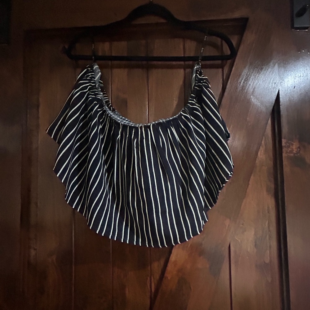 Bardot Black and White Striped Off the Shoulder Crop Top.